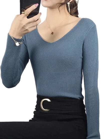 2026 Autumn Winter Women Solid Rib Knit V Neck Stripe Pull Sweater Femme Y2k Long Sleeve Pullover Jersey Tops Fashion Clothes