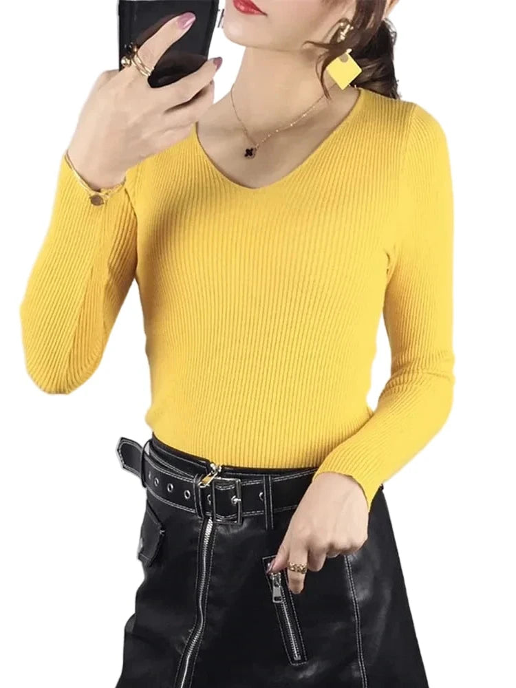 2026 Autumn Winter Women Solid Rib Knit V Neck Stripe Pull Sweater Femme Y2k Long Sleeve Pullover Jersey Tops Fashion Clothes