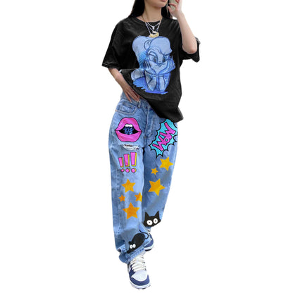 Vintage Print Straight-leg Denims